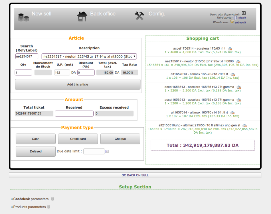 CashdeskPar POS page with one of the closed setup items